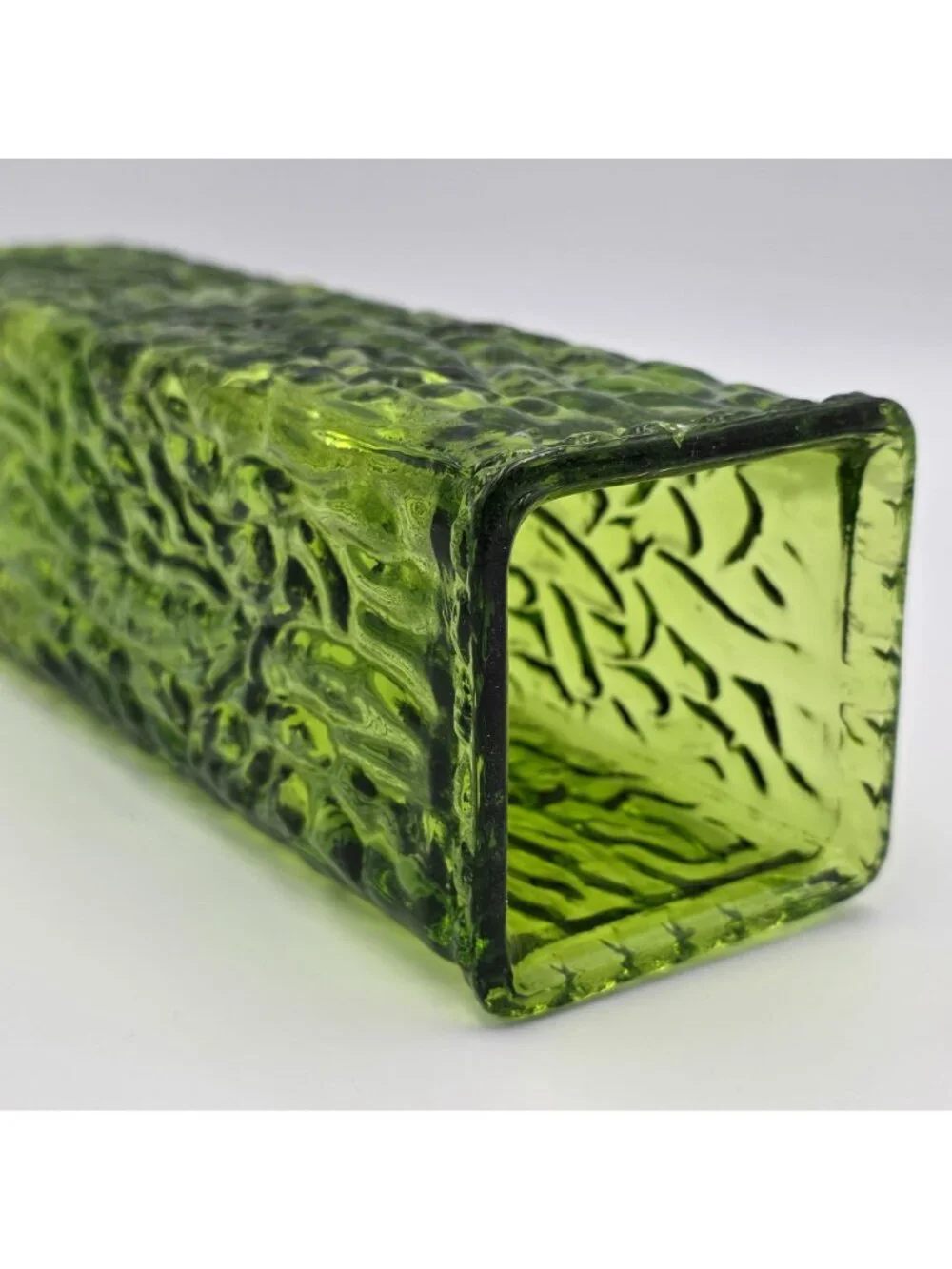 George Davidson Green Glass Vase Rectangular Shape MCM Decoration 8.75